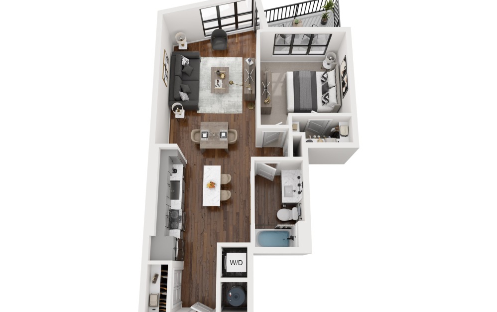 A4a - 1 bedroom floorplan layout with 1 bathroom and 725 square feet