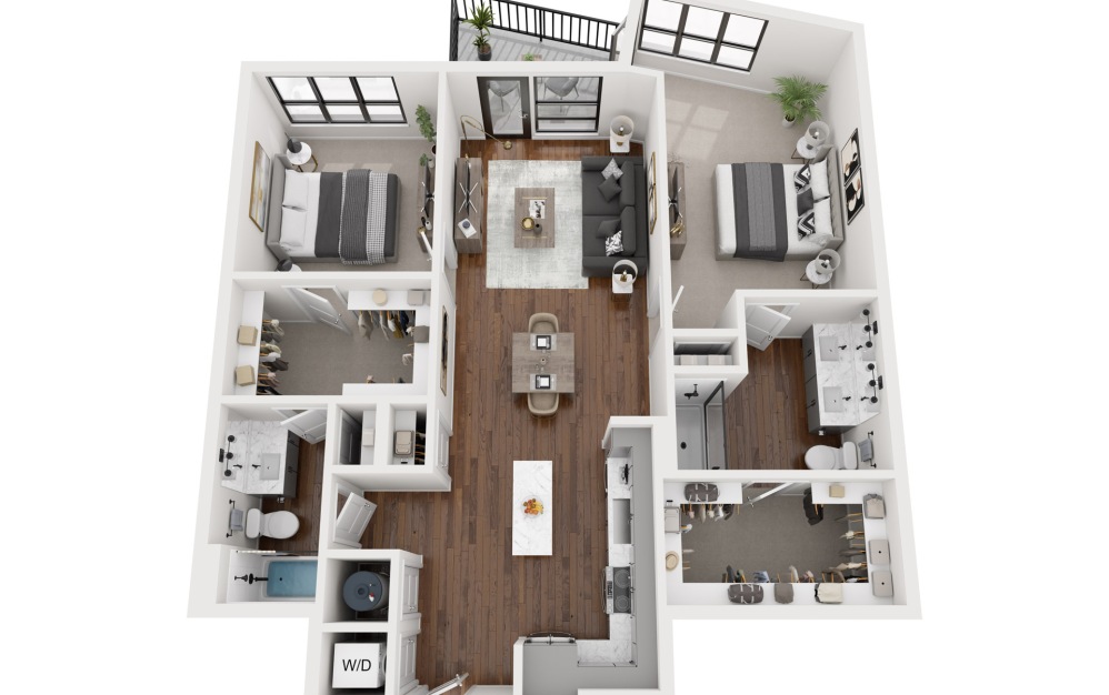 B7b - 2 bedroom floorplan layout with 2 bathrooms and 1182 square feet