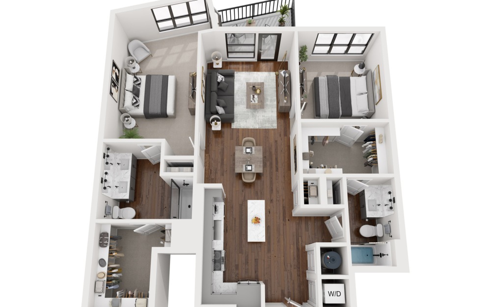 B7c - 2 bedroom floorplan layout with 2 bathrooms and 1205 square feet