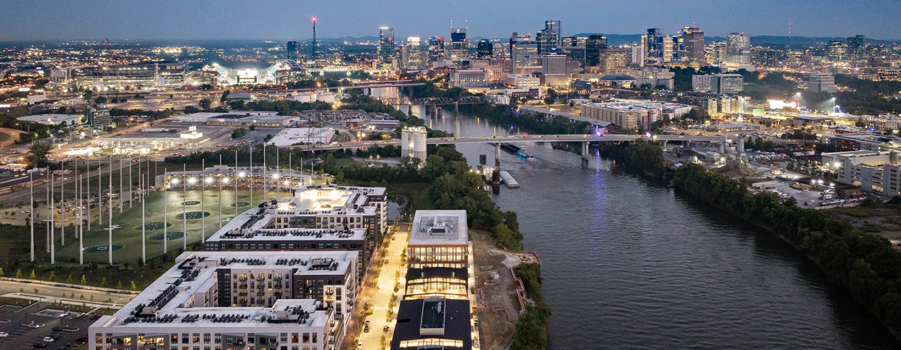 river with bridges and aerial city views